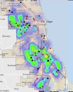 Proposed school closings and 2012 homicide heat map (by Radicals Against Discrimination)